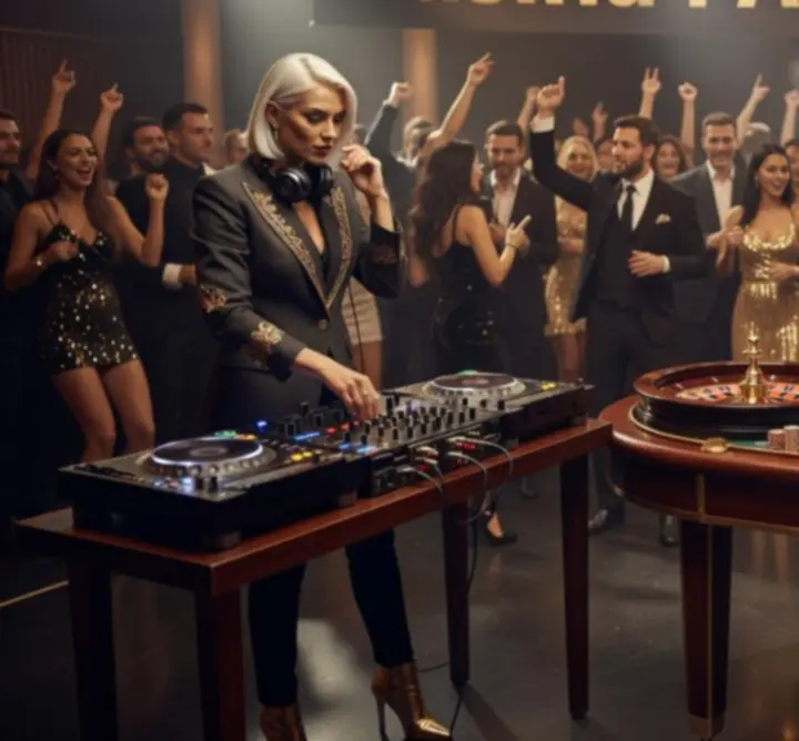 DJ na pódiu před kasina stolky a tančícím publikem