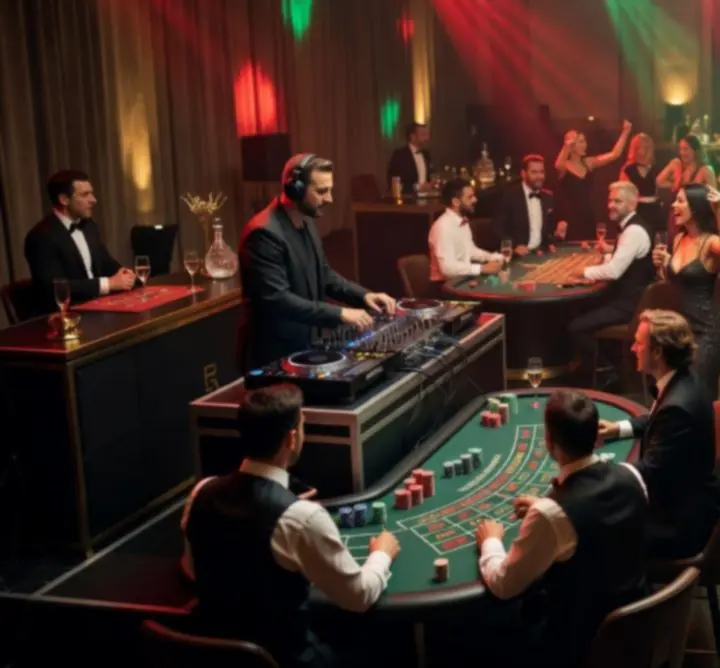 Ruleta a osvětlený taneční parket s DJem během kasina party