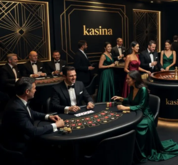 Cinematická scéna kasinové party s hosty u stolů a světelnou show