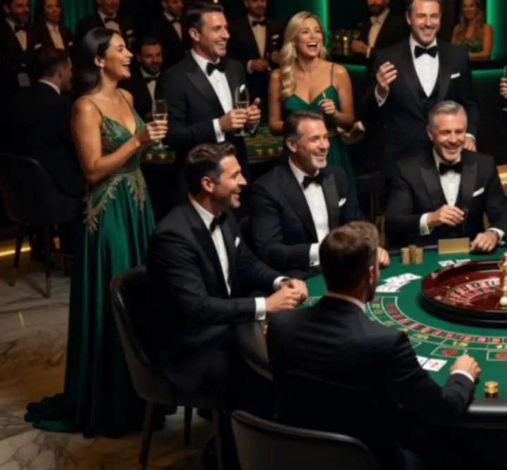 Cinematická kasina party s pokerovým stolem, ruletou a hosty v ambientním světle