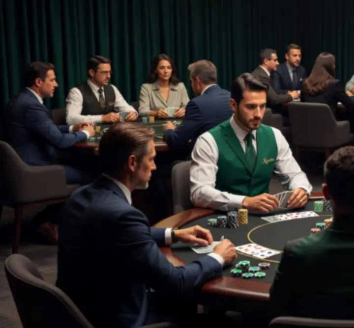 Hosté hrají poker u kasinového stolu během večerního eventu