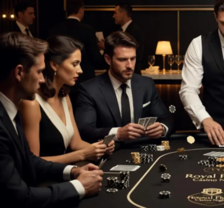 Zlatě nasvícený pokerový stůl s hráči a kartami během večerního eventu